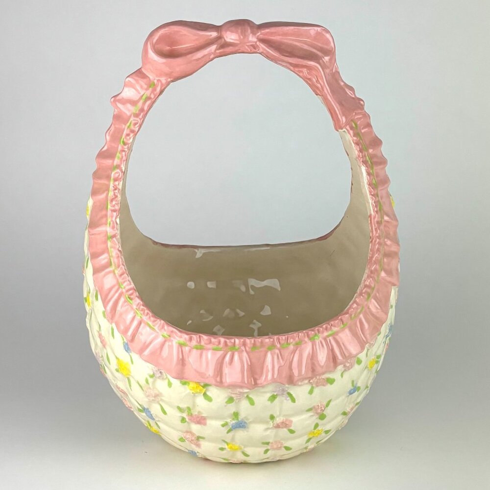 Ceramic Easter Basket with Pink Handle and Floral Design Vintage 1986